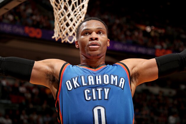 MIAMI, FL - DECEMBER 27: Russell Westbrook #0 of the Oklahoma City Thunder records his 15th triple double of the season during the game against the Miami Heat on December, 2016 at American Airlines Arena in Miami, Florida. NOTE TO USER: User expressly acknowledges and agrees that, by downloading and or using this Photograph, user is consenting to the terms and conditions of the Getty Images License Agreement. Mandatory Copyright Notice: Copyright 2016 NBAE (Photo by Issac Baldizon/NBAE via Getty Images)
