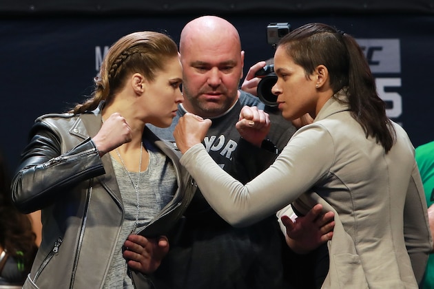 NEW YORK, NY - NOVEMBER 11:  UFC Women's Bantamweight Champion Amanda Nunes faces off with Ronda Rousey after UFC 205 Weigh-ins in preparation for their UFC 207 fight that will take place on December 30, 2016 at Madison Square Garden on November 11, 2016 in New York City.  (Photo by Michael Reaves/Getty Images)