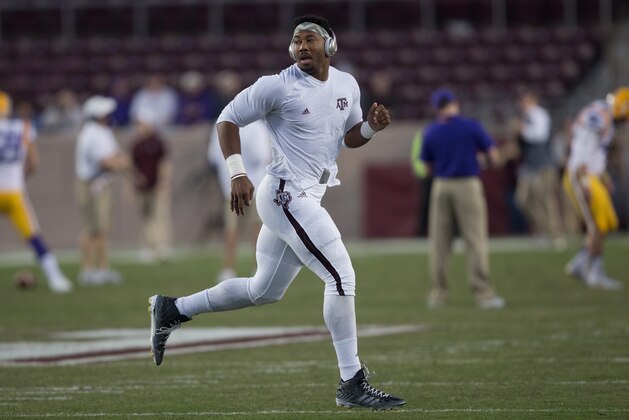 COLLEGE STATION, TX - NOVEMBER 24: Myles Garrett #15 of the Texas A&M Aggies warms up before playing LSU Tigers at Kyle Field on November 24, 2016 in College Station, Texas.  (Photo by Bob Levey/Getty Images)