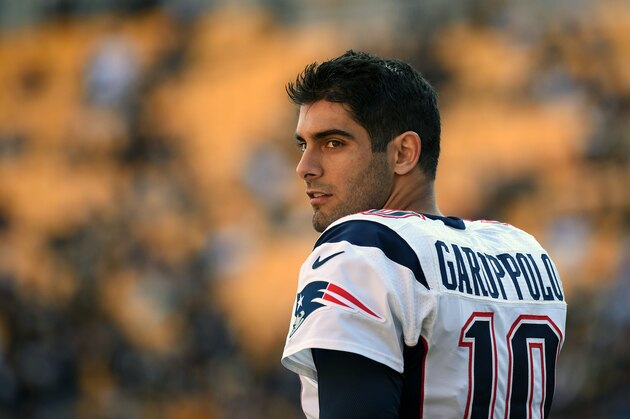 PITTSBURGH, PA - OCTOBER 23: Quarterback Jimmy Garoppolo #10 of the New England Patriots looks on from the field before a game against the Pittsburgh Steelers at Heinz Field on October 23, 2016 in Pittsburgh, Pennsylvania. The Patriots defeated the Steelers 27-16. (Photo by George Gojkovich/Getty Images)