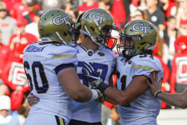Georgia Tech place kicker Harrison Butker (87) is congratulated by Brad Morgan (60) and Brant Mitchell (51) after a kicking the game-winning extra point against Georgia in the second half of an NCAA college football game Saturday, Nov. 26, 2016, in Athens, Ga. Georgia Tech won 28-27. (AP Photo/Brett Davis)