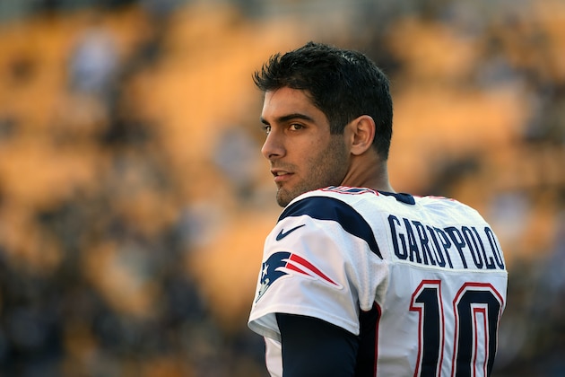 PITTSBURGH, PA - OCTOBER 23: Quarterback Jimmy Garoppolo #10 of the New England Patriots looks on from the field before a game against the Pittsburgh Steelers at Heinz Field on October 23, 2016 in Pittsburgh, Pennsylvania. The Patriots defeated the Steelers 27-16. (Photo by George Gojkovich/Getty Images)