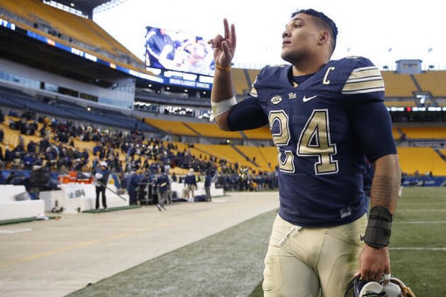 Pittsburgh running back James Conner (24) walks off of the field following their win against Syracuse in an NCAA college football game in Pittsburgh, Saturday, Nov. 26, 2016.(AP Photo/Jared Wickerham)