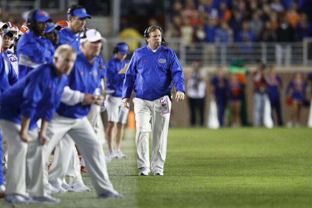 TALLAHASSEE, FL - NOVEMBER 26: Head coach Jim McElwain of the Florida Gators looks on during the game against the Florida State Seminoles at Doak Campbell Stadium on November 26, 2016 in Tallahassee, Florida. Florida State defeated Florida 31-13. (Photo by Joe Robbins/Getty Images)