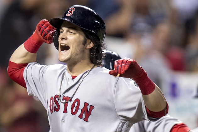 BALTIMORE, MD - SEPTEMBER 21: Andrew Benintendi #40 of the Boston Red Sox reacts after hitting a three run home run during the sixth inning of a game against the Baltimore Orioles on September 21, 2016 at Oriole Park at Camden Yards in Baltimore, Maryland. (Photo by Billie Weiss/Boston Red Sox/Getty Images)