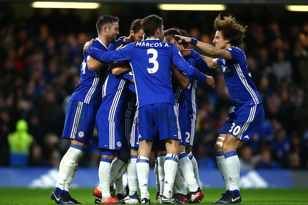LONDON, ENGLAND - DECEMBER 26:  Eden Hazard of Chelsea celebrates with team mates after scoring his sides second goal during the Premier League match between Chelsea and AFC Bournemouth at Stamford Bridge on December 26, 2016 in London, England.  (Photo by Jordan Mansfield/Getty Images)
