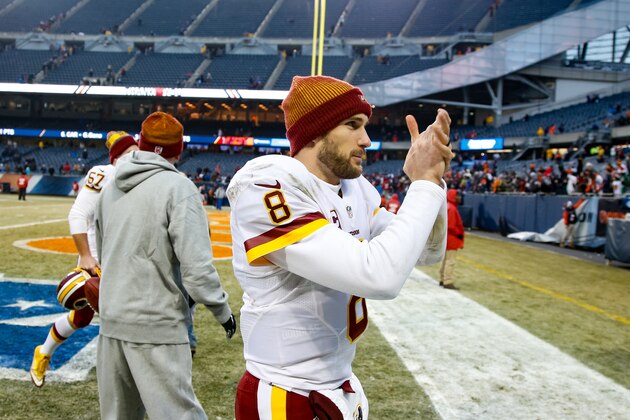 CHICAGO, IL - DECEMBER 24:   Quarterback Kirk Cousins #8 of the Washington Redskins celebrates their win over the Chicago Bears at Soldier Field on December 24, 2016 in Chicago, Illinois. The Washington Redskins defeated the Chicago Bears 41-21.(Photo by Joe Robbins/Getty Images)