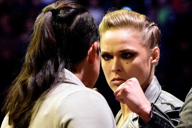 NEW YORK, NY - NOVEMBER 11:   (R-L) UFC 207 opponents Ronda Rousey and Amanda Nunes face off during the UFC 205 weigh-in inside Madison Square Garden on November 11, 2016 in New York City. (Photo by Mike Roach/Zuffa LLC/Zuffa LLC via Getty Images)