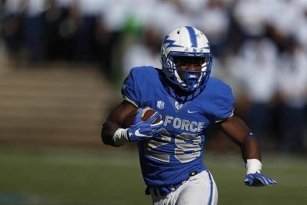 Air Force Falcons running back Jacobi Owens (28) in the second half of an NCAA college football game Saturday, Oct. 22, 2016, at Air Force Academy, Colo. Hawaii won 34-27 in double overtime. (AP Photo/David Zalubowski)