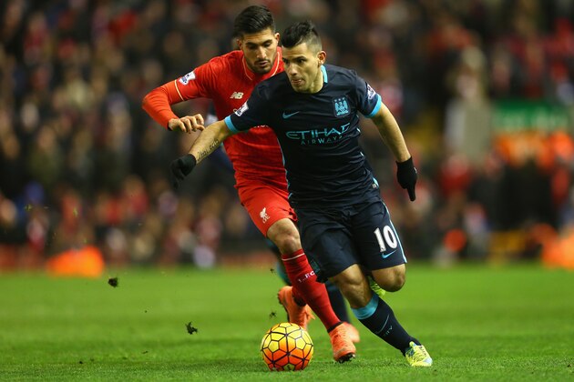 LIVERPOOL, ENGLAND - MARCH 02:  Emre Can of Liverpool challenges Sergio Aguero of Manchester City  during the Barclays Premier League match between Liverpool and Manchester City at Anfield on March 2, 2016 in Liverpool, England.  (Photo by Clive Brunskill/Getty Images)