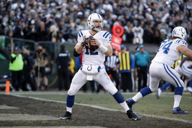 Indianapolis Colts quarterback Andrew Luck (12) passes during the second half of an NFL football game against the Oakland Raiders in Oakland, Calif., Saturday, Dec. 24, 2016. (AP Photo/Tony Avelar)