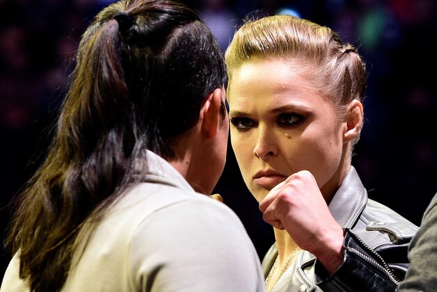 NEW YORK, NY - NOVEMBER 11:   (R-L) UFC 207 opponents Ronda Rousey and Amanda Nunes face off during the UFC 205 weigh-in inside Madison Square Garden on November 11, 2016 in New York City. (Photo by Mike Roach/Zuffa LLC/Zuffa LLC via Getty Images)