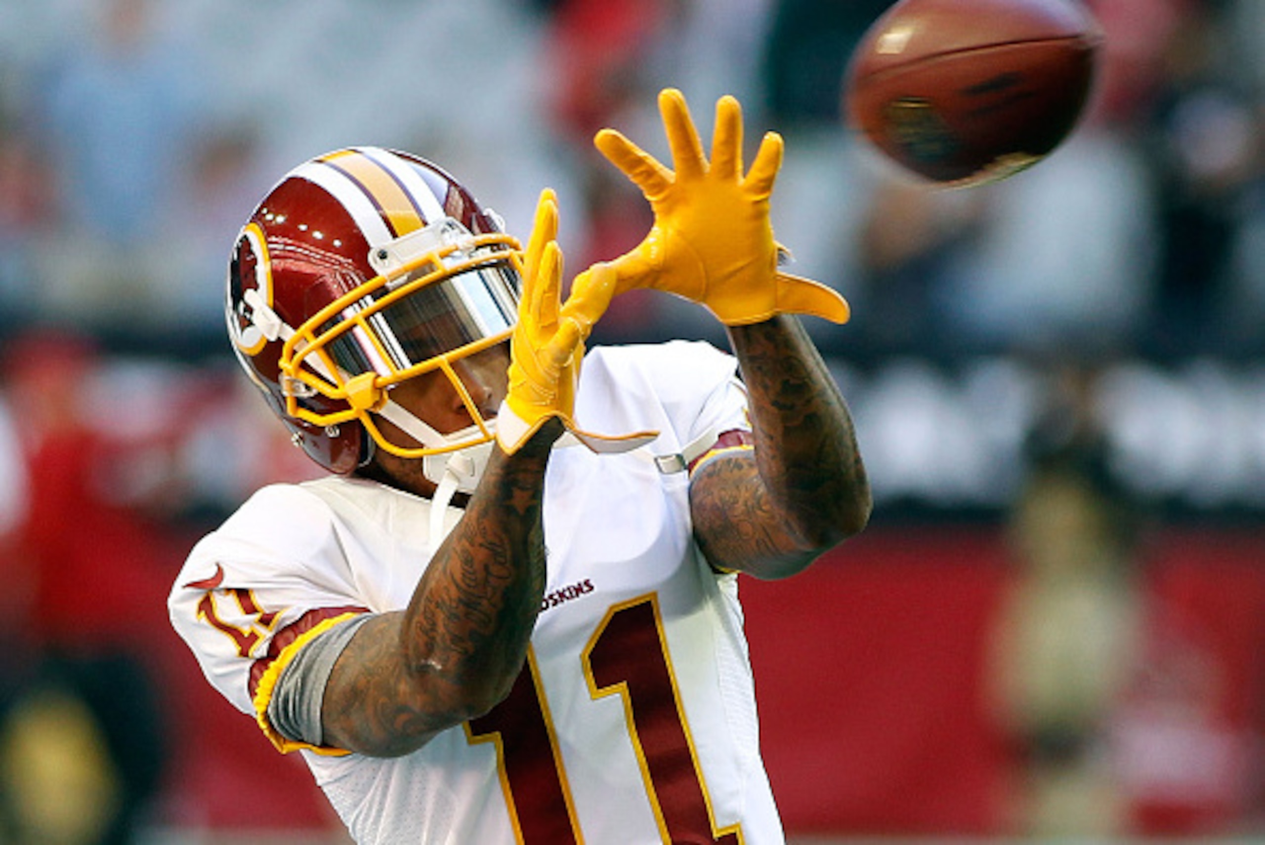 GLENDALE, AZ - DECEMBER 04:  DeSean Jackson #11 of the Washington Redskins catches a pass before the start of an NFL game against the Arizona Cardinals at University of Phoenix Stadium on December 4, 2016 in Glendale, Arizona.  (Photo by Ralph Freso/Getty Images)