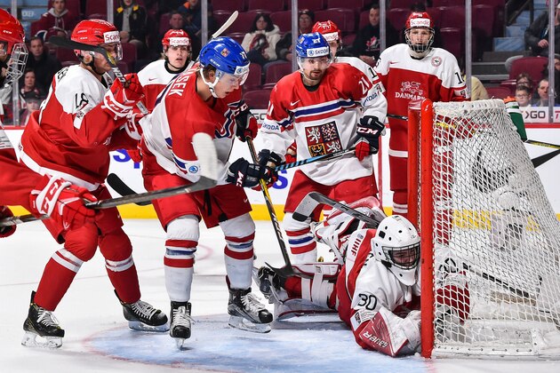 MONTREAL, QC - DECEMBER 29:  Goaltender Lasse Petersen #30 of Team Denmark dives in front of his net during the 2017 IIHF World Junior Championship preliminary round game against Team Czech Republic at the Bell Centre on December 29, 2016 in Montreal, Quebec, Canada.  (Photo by Minas Panagiotakis/Getty Images)
