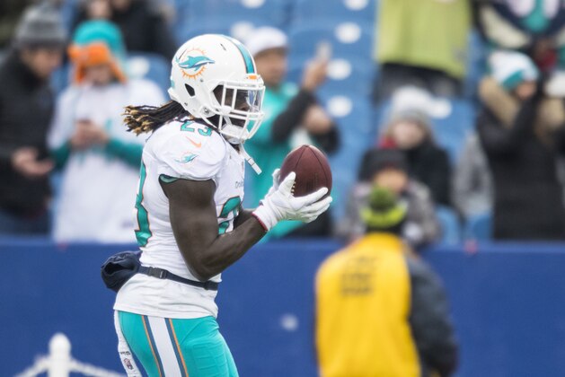 ORCHARD PARK, NY - DECEMBER 24:  Jay Ajayi #23 of the Miami Dolphins warms up before the game against the Buffalo Bills on December 24, 2016 at New Era Field in Orchard Park, New York.  (Photo by Brett Carlsen/Getty Images)
