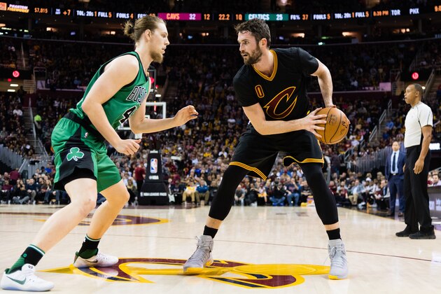 CLEVELAND, OH - DECEMBER 29: Kelly Olynyk #41 of the Boston Celtics guards Kevin Love #0 of the Cleveland Cavaliers during the first half at Quicken Loans Arena on December 29, 2016 in Cleveland, Ohio.  NOTE TO USER: User expressly acknowledges and agrees that, by downloading and/or using this photograph, user is consenting to the terms and conditions of the Getty Images License Agreement. Mandatory copyright notice. (Photo by Jason Miller/Getty Images)