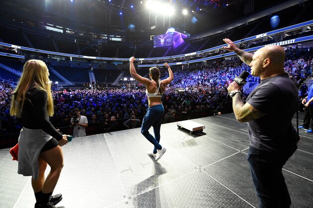 LAS VEGAS, NV - DECEMBER 29:  UFC women's bantamweight champion Amanda Nunes of Brazil interacts with the crowd on stage during the UFC 207 weigh-in at T-Mobile Arena on December 29, 2016 in Las Vegas, Nevada. (Photo by Mike Roach/Zuffa LLC/Zuffa LLC via Getty Images)
