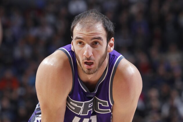 SACRAMENTO, CA - NOVEMBER 23: Kosta Koufos #41 of the Sacramento Kings looks on during the game against the Oklahoma City Thunder on November 23, 2016 at Golden 1 Center in Sacramento, California. NOTE TO USER: User expressly acknowledges and agrees that, by downloading and or using this photograph, User is consenting to the terms and conditions of the Getty Images Agreement. Mandatory Copyright Notice: Copyright 2016 NBAE (Photo by Rocky Widner/NBAE via Getty Images)