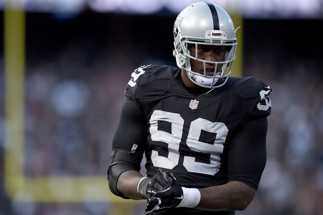 OAKLAND, CA - NOVEMBER 15:  Aldon Smith #99 of the Oakland Raiders looks on during a timeout against the Minnesota Vikings in the third quarter of their NFL football game at O.co Coliseum on November 15, 2015 in Oakland, California.  (Photo by Thearon W. Henderson/Getty Images)