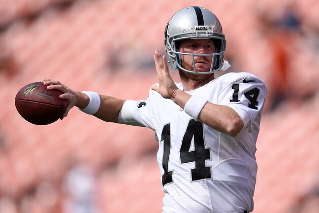 CLEVELAND, OH - SEPTEMBER 27:  Matt McGloin #14 of the Oakland Raiders warms up prior to the game against the Cleveland Browns at FirstEnergy Stadium on September 27, 2015 in Cleveland, Ohio.  (Photo by Jason Miller/Getty Images)