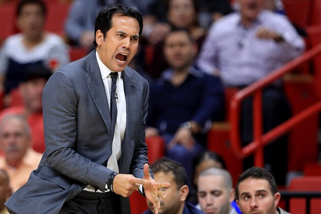 MIAMI, FL - DECEMBER 14:  Head coach Erik Spoelstra of the Miami Heat reacts to a play during a game against the Indiana Pacers at American Airlines Arena on December 14, 2016 in Miami, Florida. NOTE TO USER: User expressly acknowledges and agrees that, by downloading and or using this photograph, User is consenting to the terms and conditions of the Getty Images License Agreement.  (Photo by Mike Ehrmann/Getty Images)