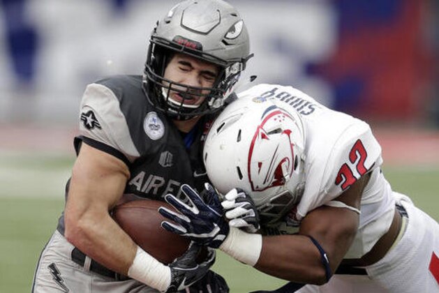 South Alabama linebacker Darrell Songy (32) tackles Air Force running back Timothy McVey during the first half of the Arizona Bowl NCAA college football game, Friday, Dec. 30, 2016, in Tucson, Ariz. (AP Photo/Rick Scuteri)