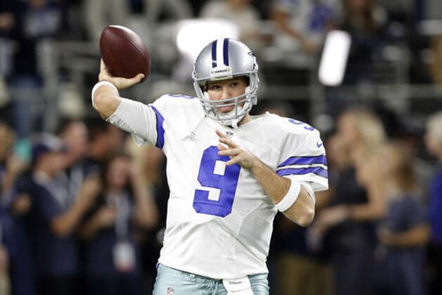 Dallas Cowboys' Tony Romo throws a pass during warm ups before an NFL football game against the Detroit Lions on Monday, Dec. 26, 2016, in Arlington, Texas. (AP Photo/Brandon Wade)