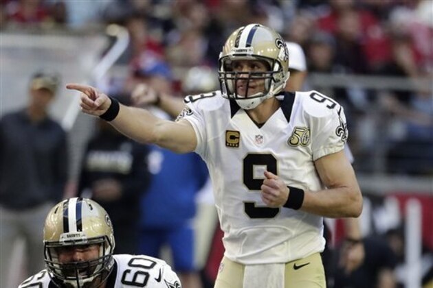New Orleans Saints quarterback Drew Brees (9) during the first half of an NFL football game against the Arizona Cardinals, Sunday, Dec. 18, 2016, in Glendale, Ariz. (AP Photo/Rick Scuteri)