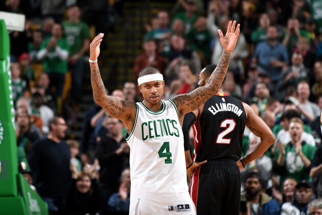 BOSTON, MA - DECEMBER 30: Isaiah Thomas #4 of the Boston Celtics hits his career high of 52 points during the game against the Miami Heat on December 30, 2016 at the TD Garden in Boston, Massachusetts.  NOTE TO USER: User expressly acknowledges and agrees that, by downloading and or using this photograph, User is consenting to the terms and conditions of the Getty Images License Agreement. Mandatory Copyright Notice: Copyright 2016 NBAE  (Photo by Steve Babineau/NBAE via Getty Images)