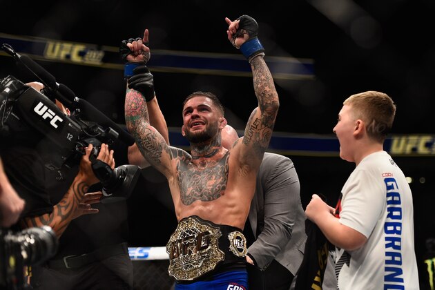 LAS VEGAS, NV - DECEMBER 30: Cody Garbrandt reacts to his victory over Dominick Cruz in their UFC bantamweight championship bout during the UFC 207 event at T-Mobile Arena on December 30, 2016 in Las Vegas, Nevada.  (Photo by Jeff Bottari/Zuffa LLC/Zuffa LLC via Getty Images)