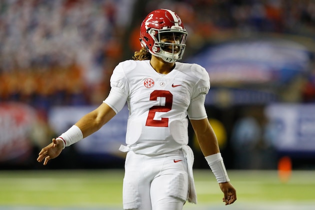ATLANTA, GA - DECEMBER 03:  Jalen Hurts #2 of the Alabama Crimson Tide celebrates after Bo Scarbrough #9 scored a third quarter touchdown against the Florida Gators during the SEC Championship game at the Georgia Dome on December 3, 2016 in Atlanta, Georgia.  (Photo by Kevin C. Cox/Getty Images)