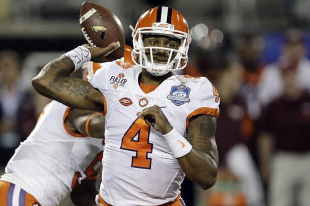 FILE - In a Saturday, Dec. 3, 2016 file photo, Clemson quarterback Deshaun Watson (4) looks to pass during the first half of the Atlantic Coast Conference championship NCAA college football gam against Virginia Tech, in Orlando, Fla. Watson acknowledges things have not been as free and easy at returning to the Heisman Trophy stage as it was getting there a year ago, when he finished third in the balloting. (AP Photo/Chris O'Meara, File)