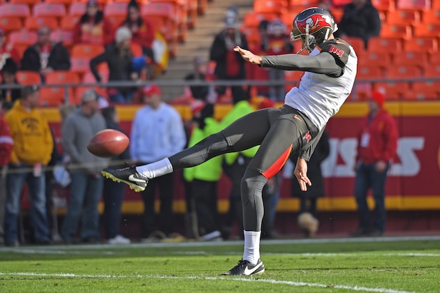 KANSAS CITY, MO - NOVEMBER 20:  Punter Bryan Anger #9 of the Tampa Bay Buccaneers punts the ball, prior to a game against the Kansas City Chiefs on November 20, 2016 at Arrowhead Stadium in Kansas City, Missouri.  (Photo by Peter G. Aiken/Getty Images)