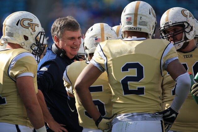 JACKSONVILLE, FL - DECEMBER 31: Head coach Paul Johnson of the Georgia Tech Yellow Jackets smiles during the first half of the game against the Kentucky Wildcats at EverBank Field on December 31, 2016 in Jacksonville, Florida. (Photo by Rob Foldy/Getty Images)