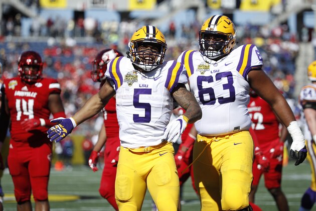 ORLANDO, FL - DECEMBER 31: Derrius Guice #5 of the LSU Tigers celebrates after rushing for a first down against the Louisville Cardinals in the first quarter of the Buffalo Wild Wings Citrus Bowl at Camping World Stadium on December 31, 2016 in Orlando, Florida. (Photo by Joe Robbins/Getty Images)