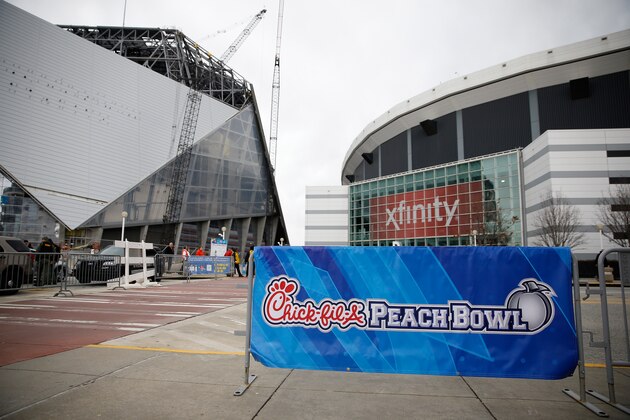ATLANTA, GA - DECEMBER 31:  An exterior view of the Dome and the new stadium prior to the 2016 Chick-fil-A Peach Bowl between the Alabama Crimson Tide and the Washington Huskies at the Georgia Dome on December 31, 2016 in Atlanta, Georgia.  (Photo by Mike Zarrilli/Getty Images)