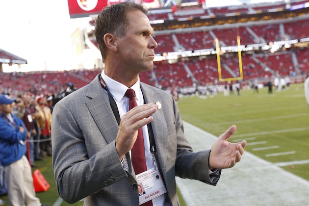 SANTA CLARA, CA - SEPTEMBER 12: General Manager Trent Baalke of the San Francisco 49ers sands on the sideline prior to the game against the Los Angeles Rams at Levi Stadium on September 12, 2016 in Santa Clara, California. The 49ers defeated the Rams 28-0. (Photo by Michael Zagaris/San Francisco 49ers/Getty Images)