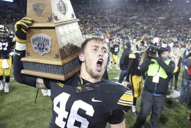 IOWA CITY, IA- NOVEMBER 25:  Tight end George Kittle #46 of the Iowa Hawkeyes celebrate with the Heroes Trophy after defeating the Nebraska Cornhuskers, on November 25, 2016 at Kinnick Stadium in Iowa City, Iowa.  (Photo by Matthew Holst/Getty Images)