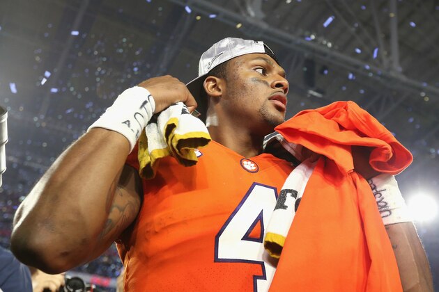 GLENDALE, AZ - DECEMBER 31:  Deshaun Watson #4 of the Clemson Tigers stands on the field after the Clemson Tigers defeated the Ohio State Buckeyes 31-0 to win the 2016 PlayStation Fiesta Bowl at University of Phoenix Stadium on December 31, 2016 in Glendale, Arizona.  (Photo by Christian Petersen/Getty Images)