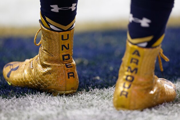 GLENDALE, AZ - JANUARY 01:  Close up of Under Armour shoes before the BattleFrog Fiesta Bowl at University of Phoenix Stadium on January 1, 2016 in Glendale, Arizona.  (Photo by Christian Petersen/Getty Images)