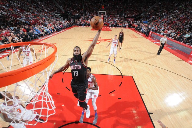HOUSTON, TX - DECEMBER 31:  James Harden #13 of the Houston Rockets goes up for a dunk during a game against the New York Knicks on December 31, 2016 at the Toyota Center in Houston, Texas. NOTE TO USER: User expressly acknowledges and agrees that, by downloading and/or using this photograph, user is consenting to the terms and conditions of the Getty Images License Agreement. Mandatory Copyright Notice: Copyright 2016 NBAE (Photo by Bill Baptist/NBAE via Getty Images)