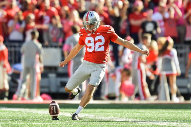 COLUMBUS, OH - OCTOBER 8:  Tyler Durbin #92 of the Ohio State Buckeyes kicks off against the Indiana Hoosiers at Ohio Stadium on October 8, 2016 in Columbus, Ohio. Ohio State defeated Indiana 38-17.  (Photo by Jamie Sabau/Getty Images)