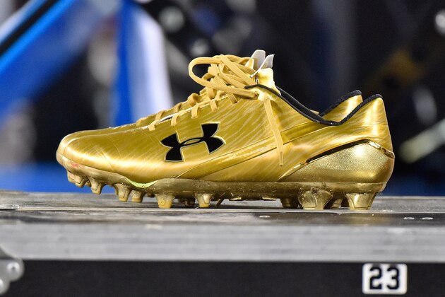 NASHVILLE, TN - OCTOBER 27:  An Under Armor cleat of the Jacksonville Jaguars rests on the sideline during a game against the Tennessee Titans at Nissan Stadium on October 27, 2016 in Nashville, Tennessee.  (Photo by Frederick Breedon/Getty Images)