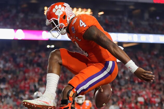 GLENDALE, AZ - DECEMBER 31:  Deshaun Watson #4 of the Clemson Tigers reacts after scoring a third quarter touchdown during the 2016 PlayStation Fiesta Bowl against the Ohio State Buckeyes at University of Phoenix Stadium on December 31, 2016 in Glendale, Arizona.  (Photo by Jamie Squire/Getty Images)