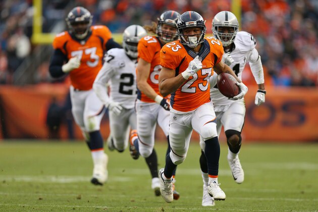 DENVER, CO - JANUARY 1:  Running back Devontae Booker #23 of the Denver Broncos rushes for a touchdown in the second quarter of the game against the Oakland Raiders at Sports Authority Field at Mile High on January 1, 2017 in Denver, Colorado. (Photo by Justin Edmonds/Getty Images)