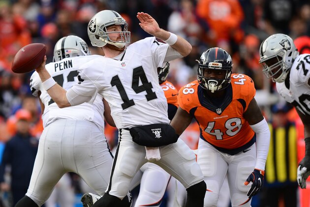 DENVER, CO - JANUARY 1:  Quarterback Matt McGloin #14 of the Oakland Raiders throws downfield in the first quarter of the game against the Denver Broncos at Sports Authority Field at Mile High on January 1, 2017 in Denver, Colorado. (Photo by Dustin Bradford/Getty Images)