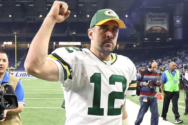 DETROIT, MI - JANUARY 01: Aaron Rodgers #12 of the Green Bay Packers celebrates a win over the Detroit Lions at Ford Field on January 1, 2017 in Detroit, Michigan. Green Bay defeated Detroit 31-24. (Photo by Leon Halip/Getty Images)