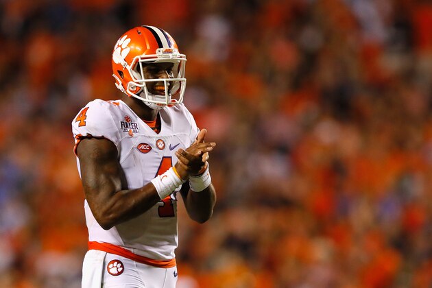 AUBURN, AL - SEPTEMBER 03:  Deshaun Watson #4 of the Clemson Tigers reacts during the second half against the Auburn Tigers at Jordan Hare Stadium on September 3, 2016 in Auburn, Alabama.  (Photo by Kevin C. Cox/Getty Images)