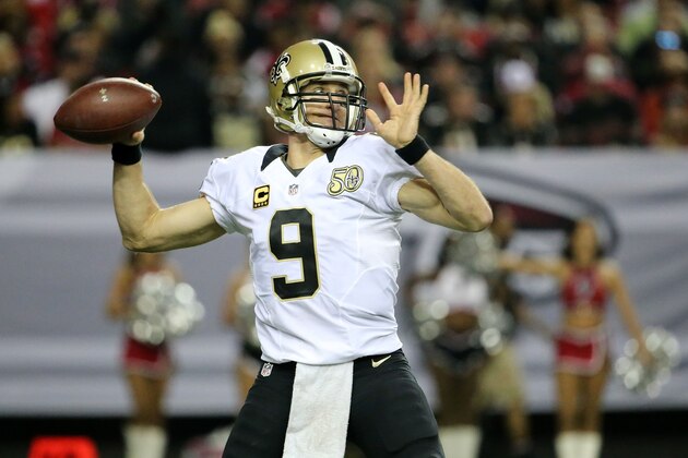 ATLANTA, GA - JANUARY 01: Drew Brees #9 of the New Orleans Saints throws a pass during the first half against the Atlanta Falcons at the Georgia Dome on January 1, 2017 in Atlanta, Georgia. (Photo by Maddie Meyer/Getty Images)