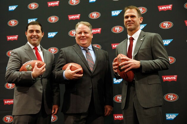 SANTA CLARA, CA - JANUARY 20:  (L-R) San Francisco 49ers CEO Jed York, Chip Kelly and San Francisco 49ers general manager Trent Baalke pose for a picture after a press conference where Kelly was announced as the new head coach of the San Francisco 49ers at Levi's Stadium on January 20, 2016 in Santa Clara, California.  (Photo by Ezra Shaw/Getty Images)